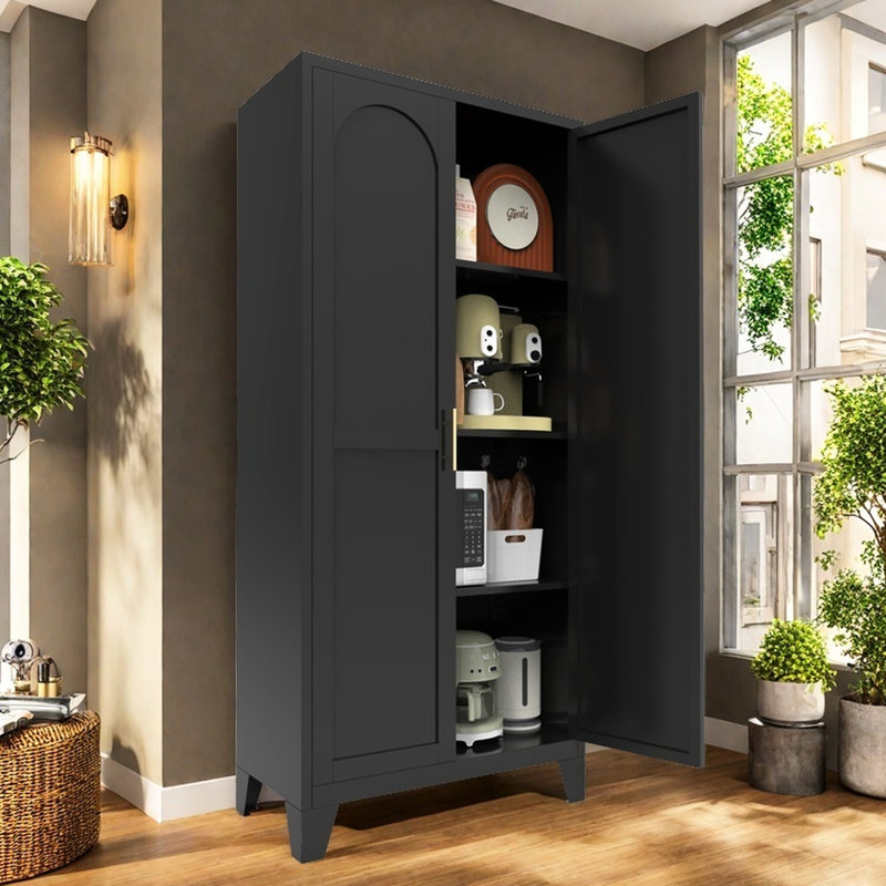 Armoire de rangement en métal de 155 cm (61 po) avec 2 portes élégantes, étagères réglables, noire, pour chambre, cuisine, bureau - Polyvalente, portes en acier noir faciles à nettoyer et idéale pour le salon, le corridor, grand espace de rangement.