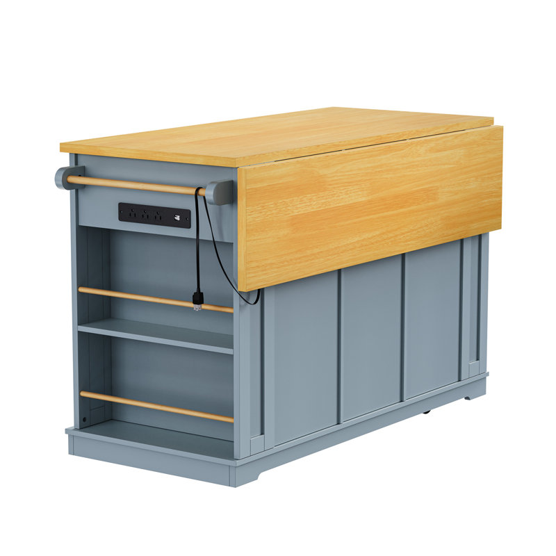 Grand îlot de cuisine de 53 pouces avec rallonge, prise de courant, support de rangement interne pour porte, chariot de cuisine sur roulettes sur 5 roulettes avec 5 supports latéraux ouverts pour la cuisine, la salle à manger, bleu gris (ne comprend pas les tabourets de bar)