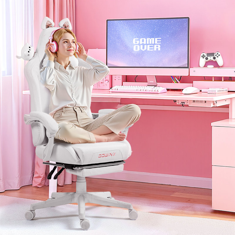 Adjustable Reclining Ergonomic Leather Swiveling PC & Racing Game Chair with Footrest, White