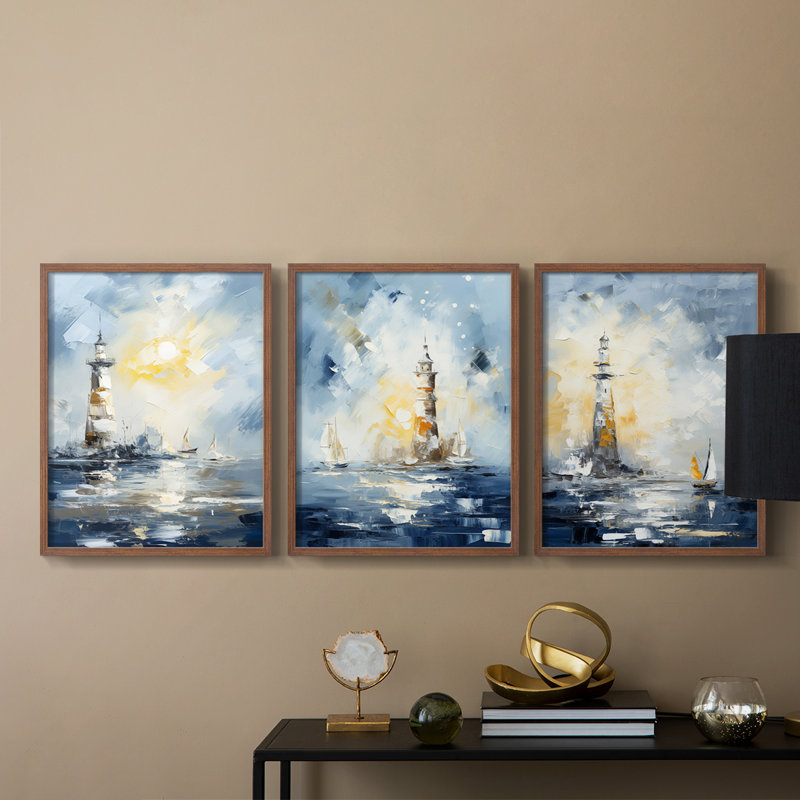 Série Sea and Shore Cxxvi - Ensemble de 3 estampes numériques encadrées - Prêt à être accroché, Noyer, H 28 po x l 22 po