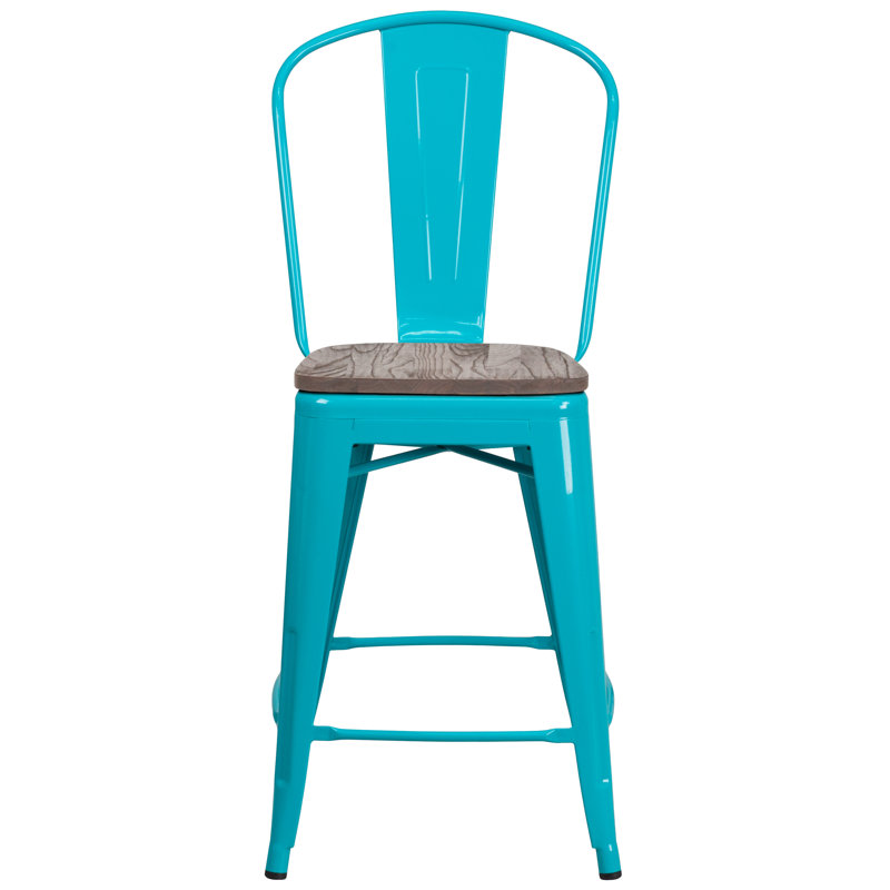 Tabouret de bar ou de comptoir en métal Marian avec dossier et siège en bois Marian, Bleu sarcelle / bleu, 1