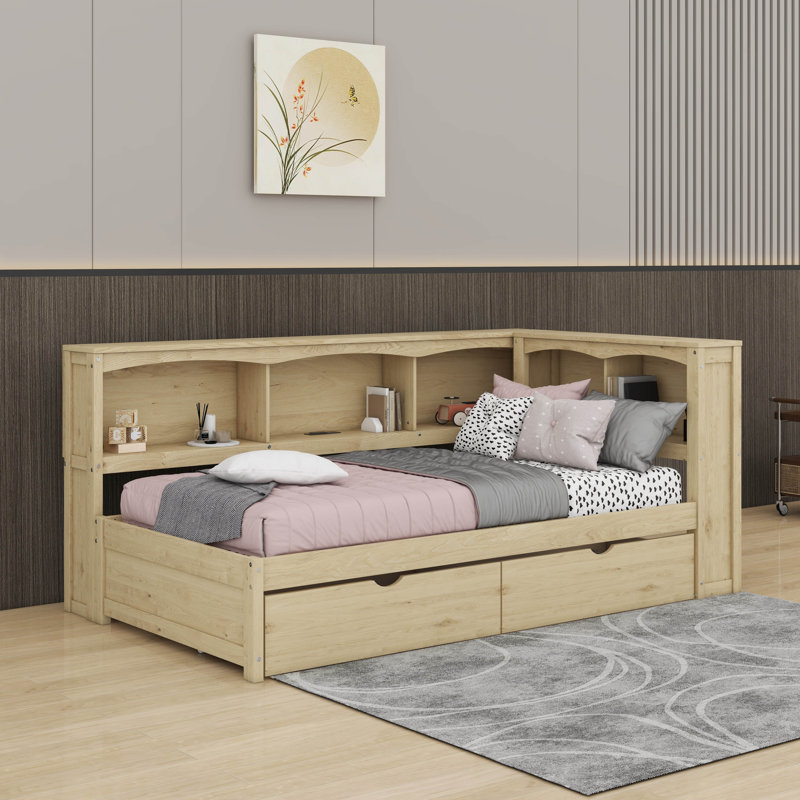 Lit de jour simple avec tiroirs de rangement et ports USB, Bois