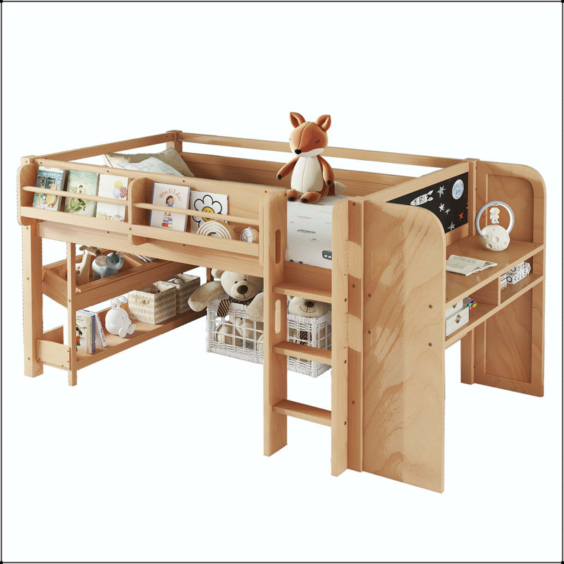 Lit mezzanine avec bibliothèques multiples, bureau et tableau noir, Naturel, Lit simple