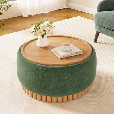 Repose-pieds de rangement rond de 29 po avec pieds en bois massif, table basse moderne avec couvercle réversible, structure en bois, repose-pieds en chenille pour le salon, aucun assemblage requis