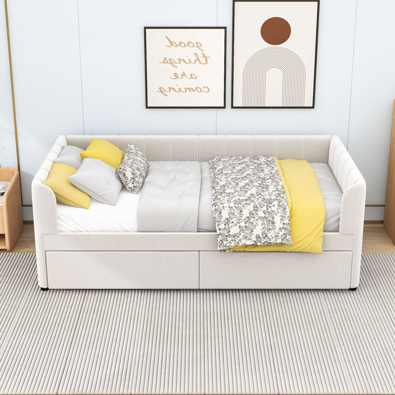 Twin Velvet Upholstered Daybed with Spacious Storage Drawers, Beige