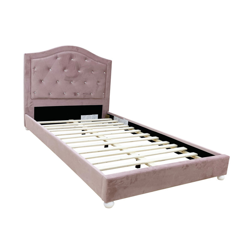 Lit simple tapissier rose - 41,79 po Profondeur, tête de lit arquée en tissu pastel au design compact