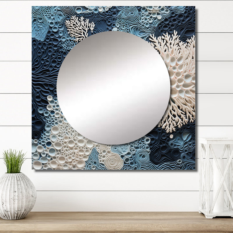 Collage de coraux sous l'eau bleu et blanc - grand miroir mural carré pour chambre à coucher, 23 po x 23 po
