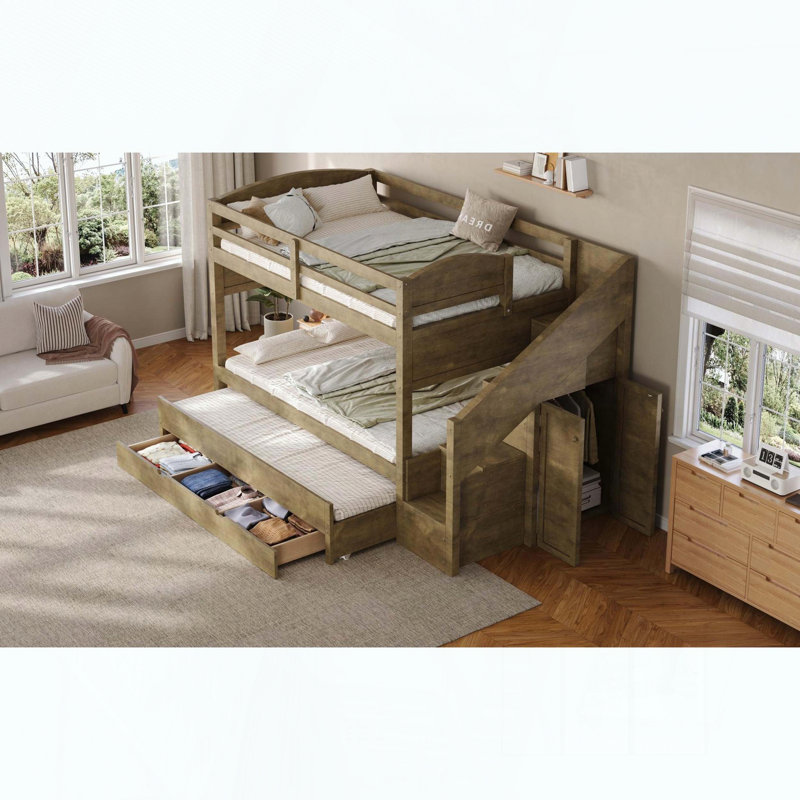 Lit simple superposé simple avec lit gigogne, tiroirs et garde-robe, Walnut