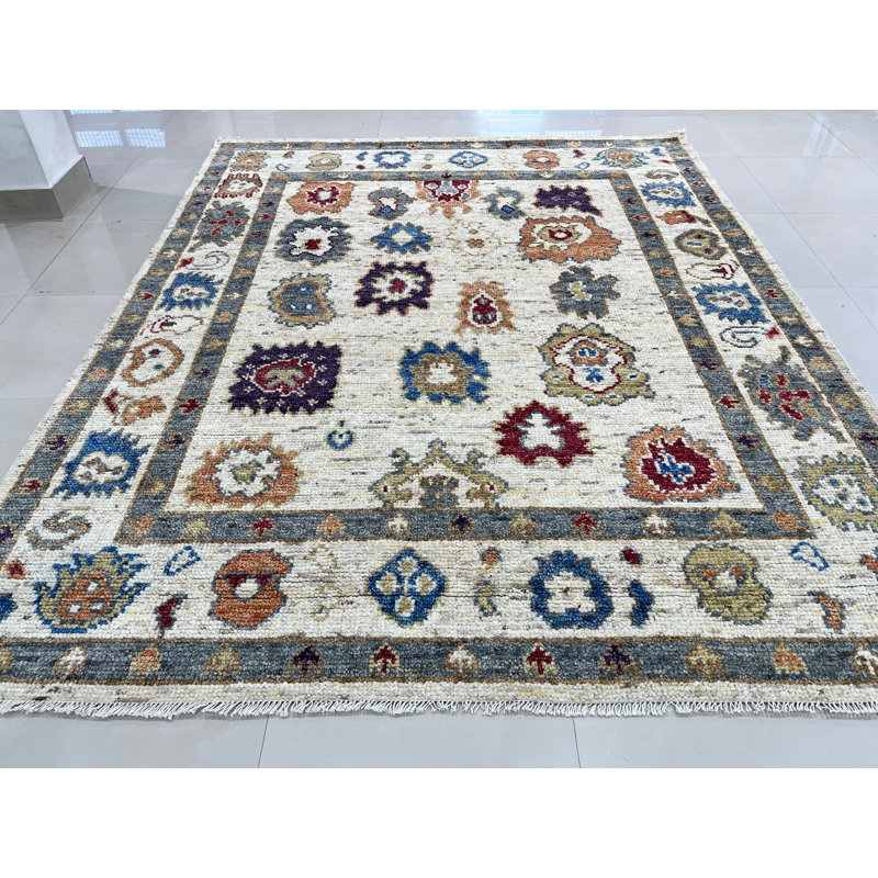 Oushak Ivory Hand Knotted Modern Contemporary Wool Area Rug, Rectangle 8' x 10'