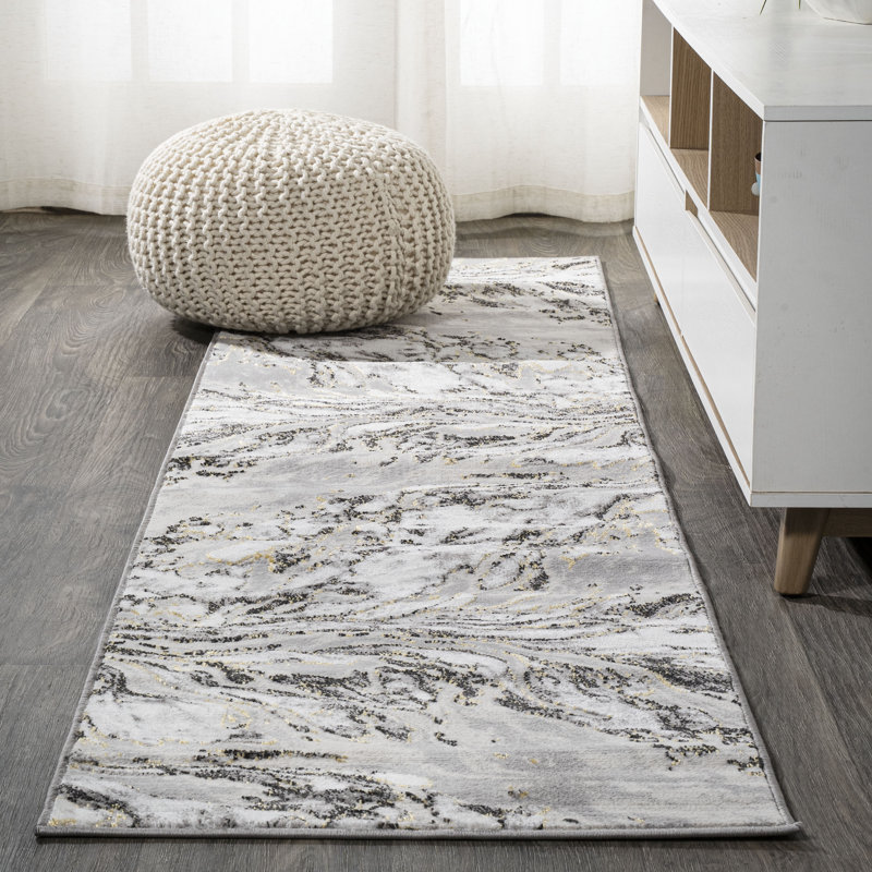 Swirl Marbled Abstract Gray/Black Rug, Runner 2' x 10'
