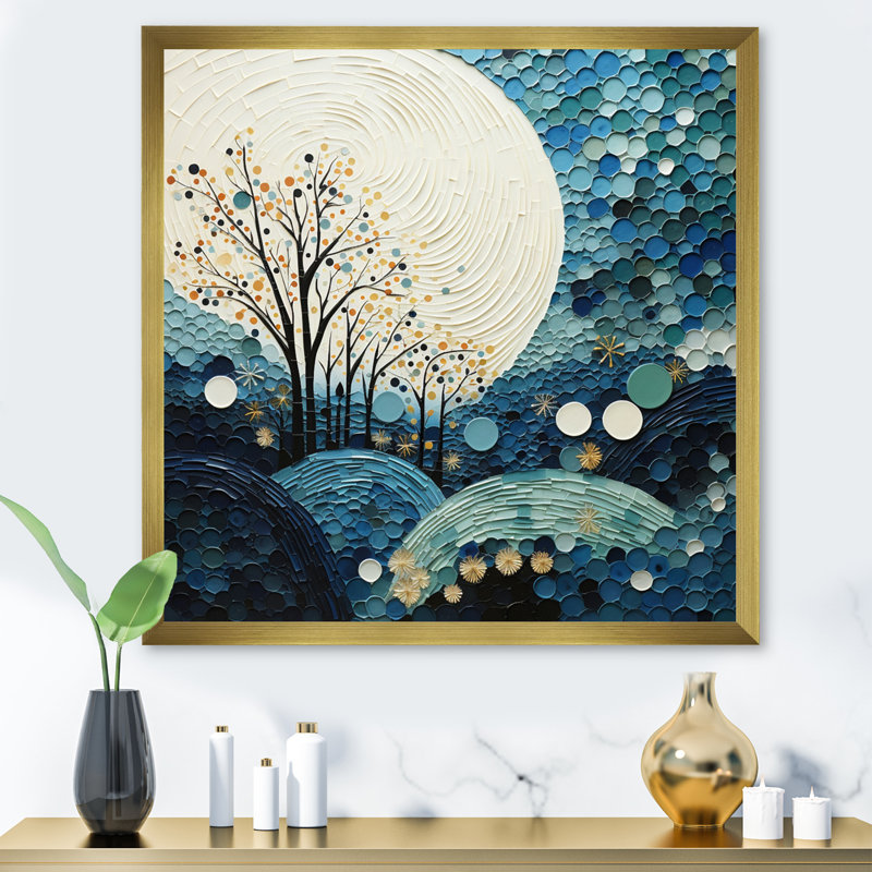 Teal White Mid Century Minimalist Rain II - Abstract Collages Canvas Print, H 36 po x l 36 po x P 1,5 po, Encadrement doré