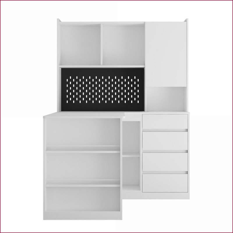 Bureaux, bureau d'ordinateur moderne en L avec station de charge, tiroirs, bibliothèque et amp; Lumière DEL | Blanc | Panneau de fibres à densité moyenne