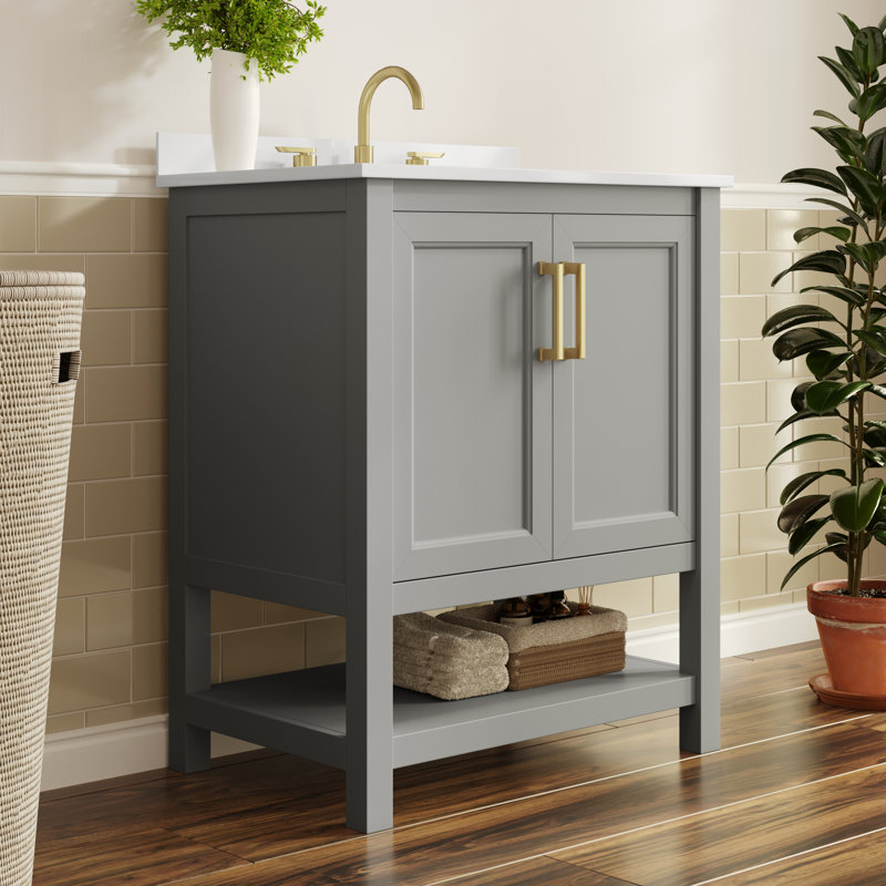 Ensemble de meuble-lavabo simple autoportant avec lavabo encastré et tablette de rangement ouverte Ajmer, Gris, Doré