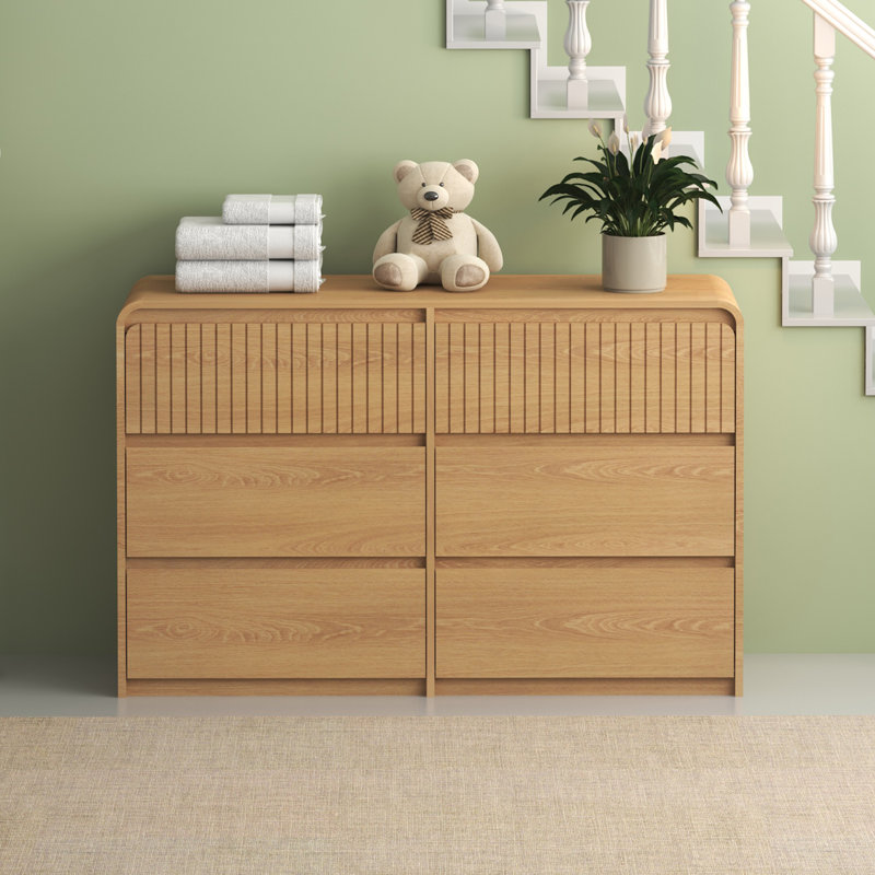 Modern 6 Drawer Dresser For Bedroom, 48" Large Wide Chest Of Drawers, Wooden Dresser Closet Organizers W/Storage Drawer & Curved Profile Design,TV Stand For Living Room, Hallway, Natural