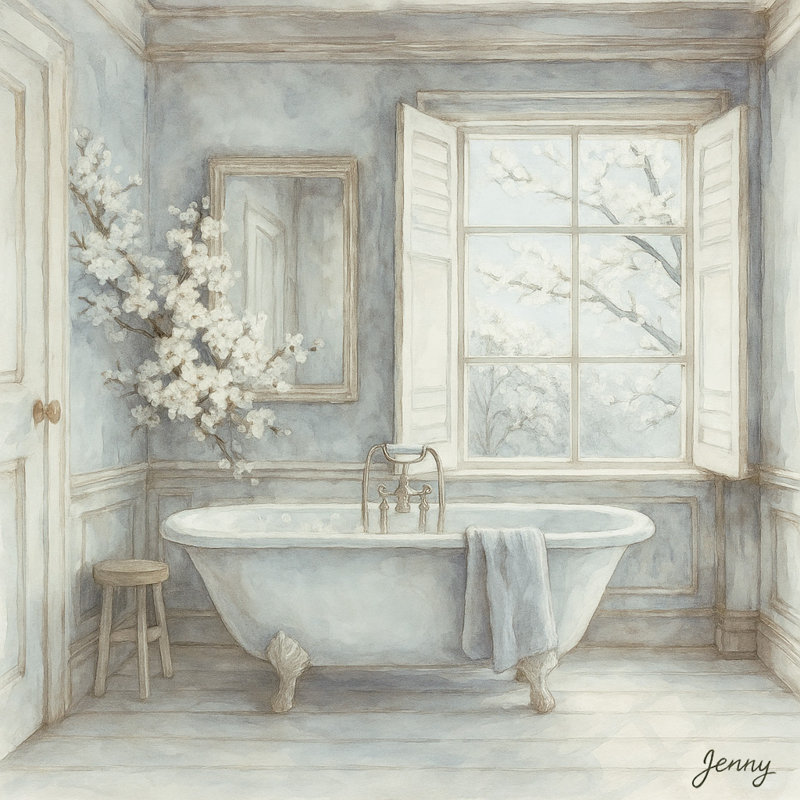 «Spring Blossom Bath View», art mural élégant sur toile tendue, H 12 po x l 12 po