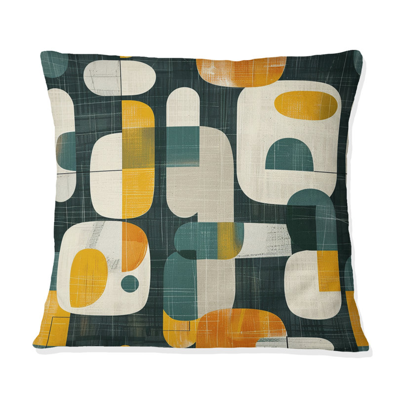 Yellow Green Midcentury Geometric Shapes - Midcentury Colours Soft Line Throw Pillow, 16"H x 16"W
