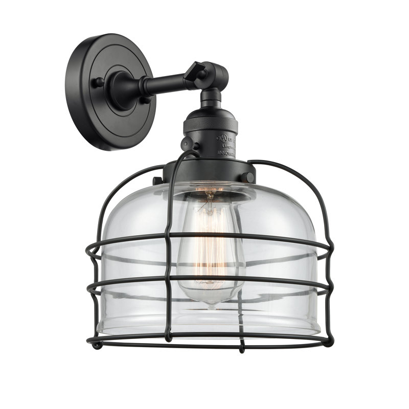 Applique murale 1 lumière 9 "Bell Cage, Ampoule incandescente rétro 60 watts, Clair, Noir mat