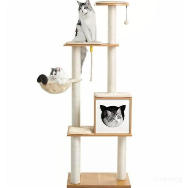 Arbre à chat de 65 po de hauteur pour chat d'intérieur, tour à chat en bois moderne avec hamac, poteau à griffer et coussins amovibles pour petits et grands chats