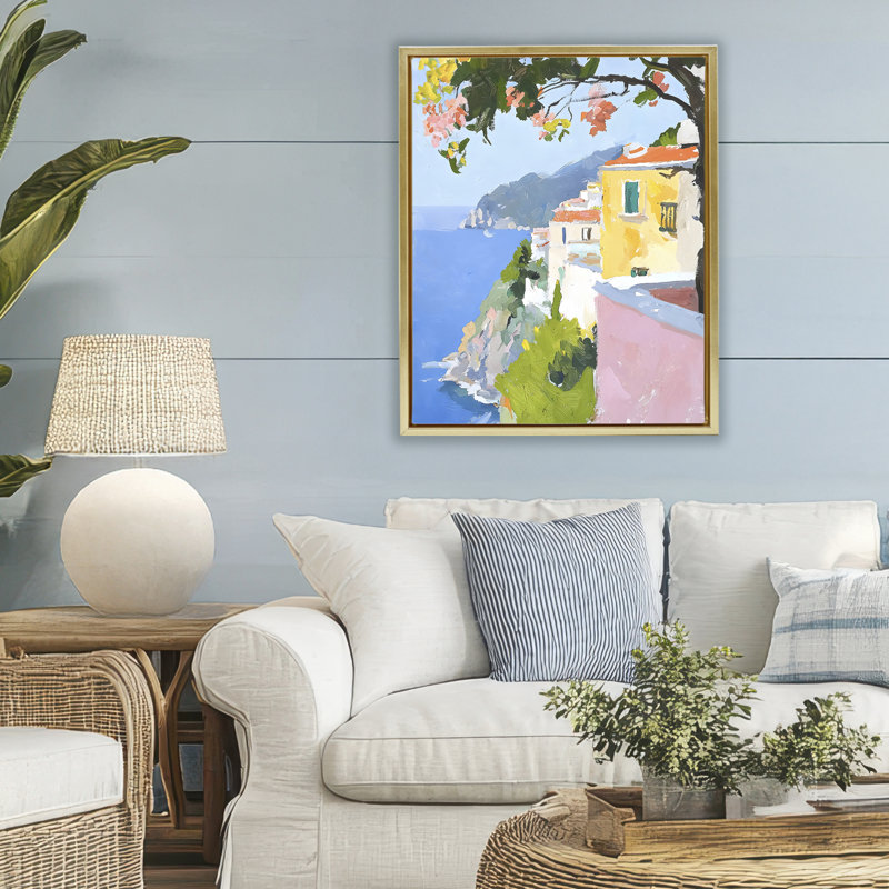 Cadre flottant Coastal Italian Sea View, design par Riley B, H 31 po x l 25 po, Cadre flottant métallique doré
