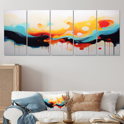 «Yellow Fractal Paint Wave Expression III» - peinture abstraite, art mural 5 pièces pour le salon