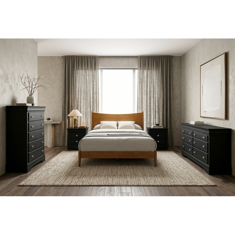 Barvelle Solid Wood 5 Piece Bedroom Set, Orange/Black, 5 Pcs: Bed, 2 Dressers, 2 Nightstands