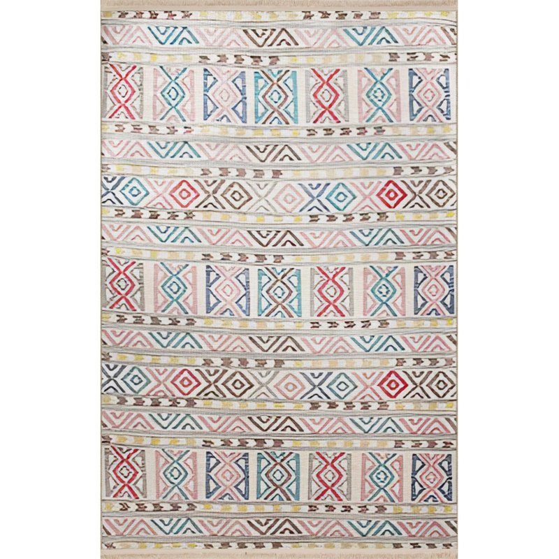 Tapis beige lavable à la machine multicolore, Rectangle 4 pi 7 po x 6 pi 7 po
