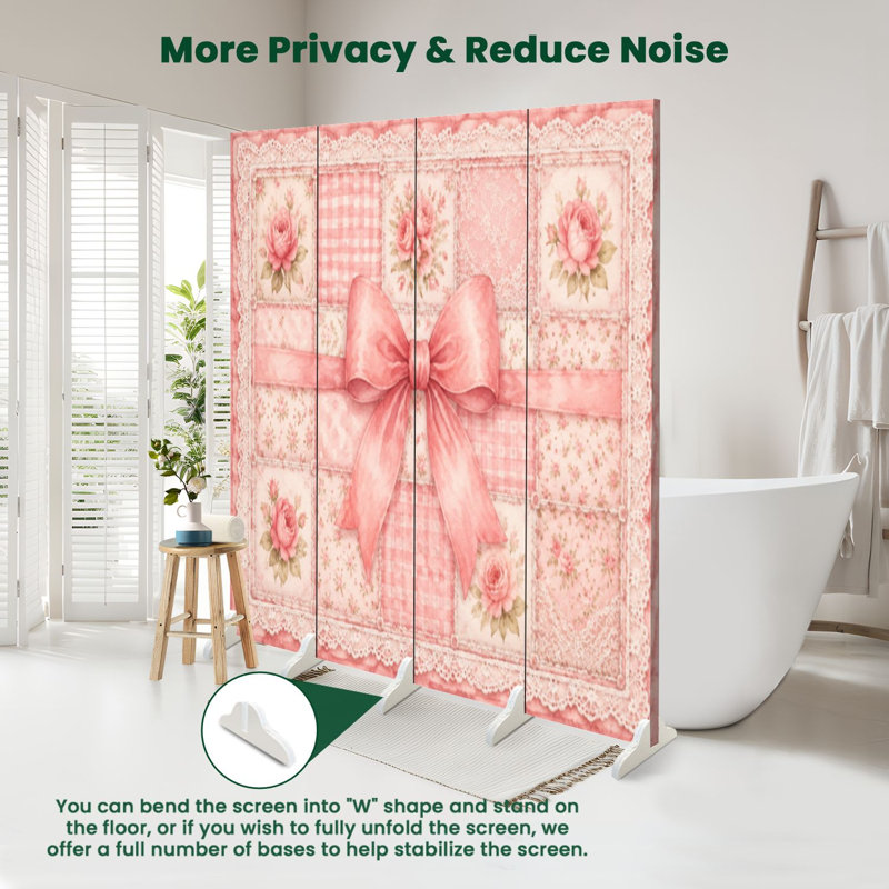 Cloison pliante 4 panneaux à paravent à motif d'aquarelle rose et floral, H 71 po x l 64 po x P 1 po, 4
