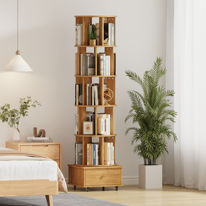 5-Tier Rotating Bookcase with Wheels and Drawers, 360° Swivel Corner Bookshelf, Solid Wood Storage Tower with Lockable Casters, Narrow Spinning Organizer for Living Room, Bedroom(Natural)