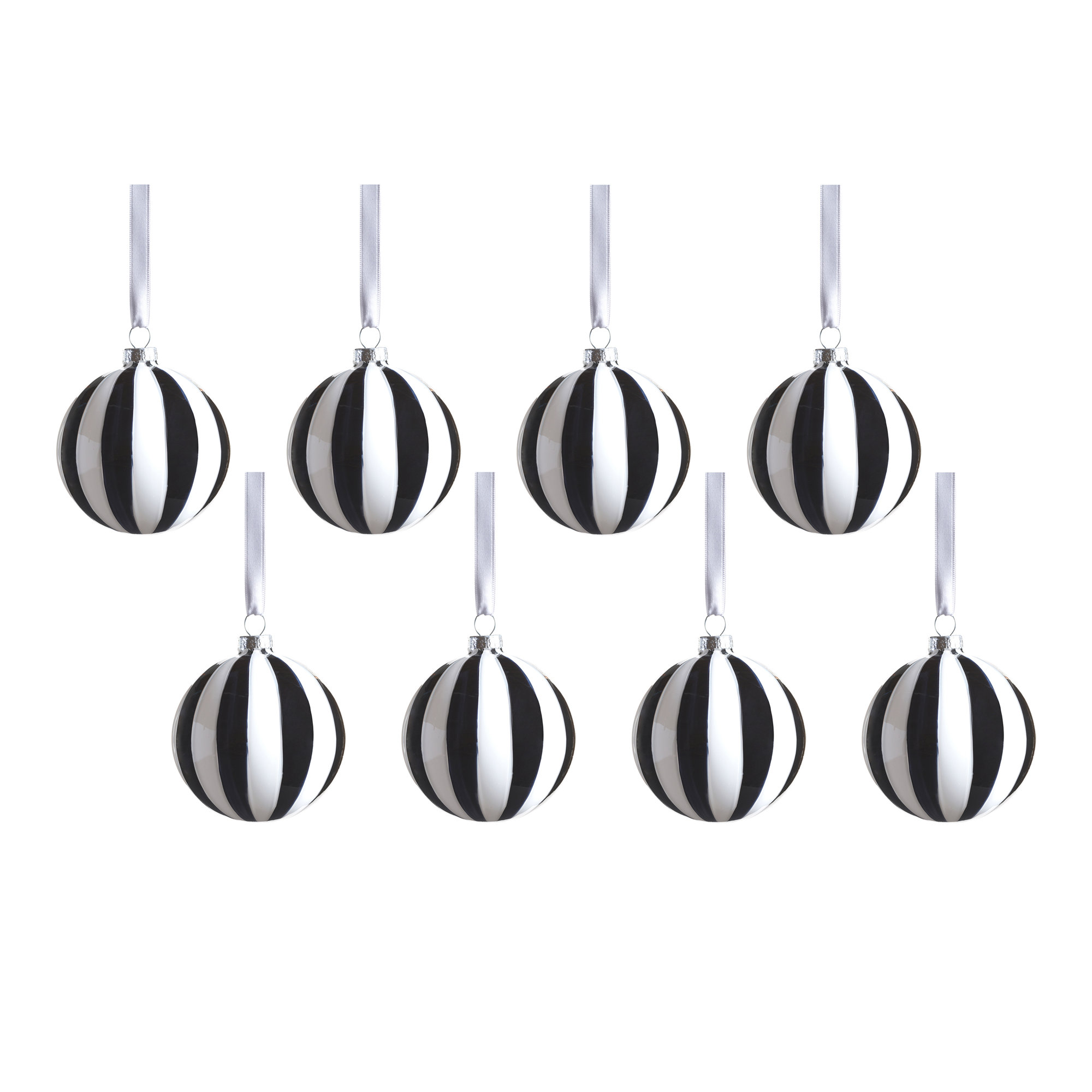 Monochrome Stripe 8-Piece Glass Ornament Set, Ball, 3.25" H x 3.25" W x 3.25" D