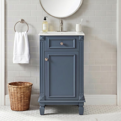 Ensemble de meuble-lavabo autoportant 18 po en bois d'hévéa massif et panneau de fibres à densité moyenne, armoire bleue avec 1 porte à fermeture douce et tablette réglable, lavabo intégré en céramique blanc brillant, quincaillerie d'armoire complète assortie
