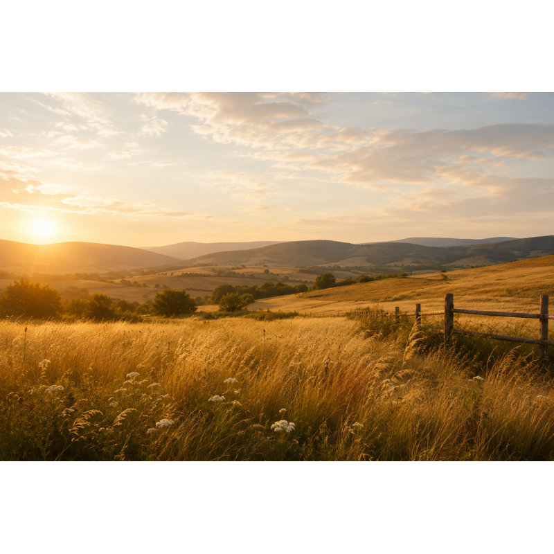 Golden Meadow Sunset - Paysage champêtre sur toile tendue, art mural, 30"H x 40"W x 1.5"D