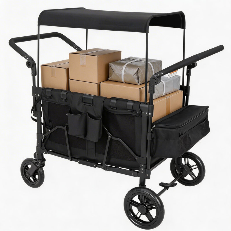 Poussette 4 places - Wagon tout-terrain de qualité supérieure pour enfants avec plateau à collation, auvent amovible, poignée à pousser / tirer réglable, noir