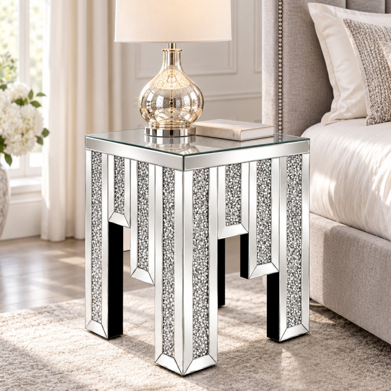 Table d'appoint Cr écrasée Diamond - Table d'appoint en miroir et table de canapé pour le décor du salon, table de chevet argentée incrustée de cristal avec plateau en verre pour la chambre à coucher