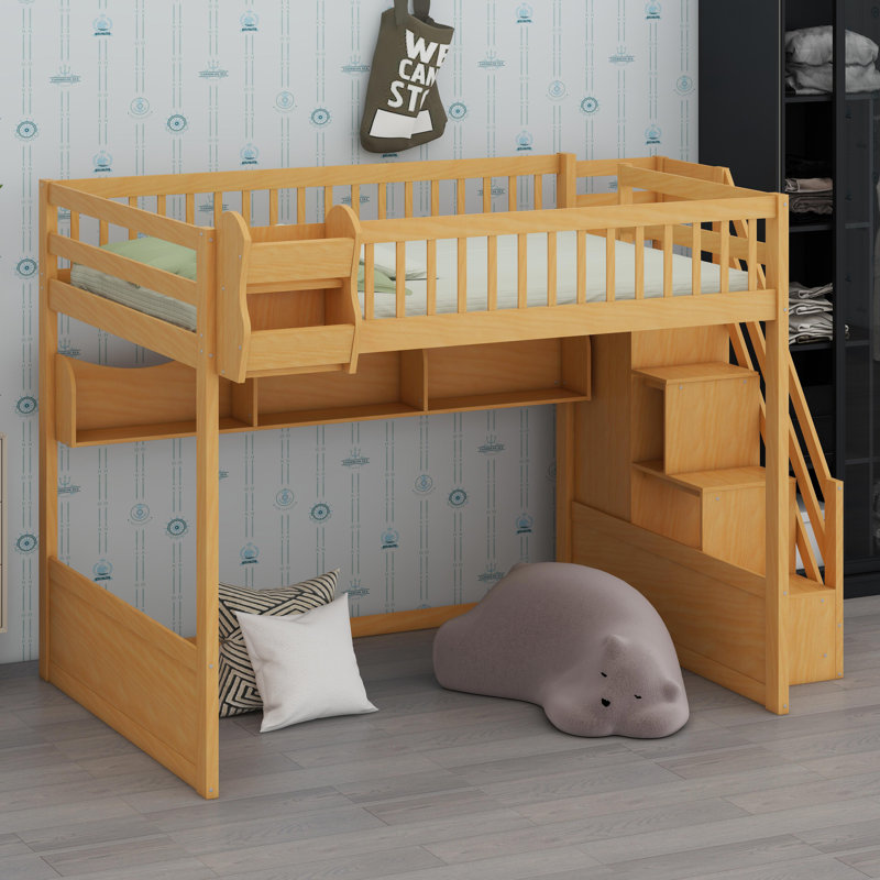 Wooden Loft Bed With Staircase And Wardrobe, Natural