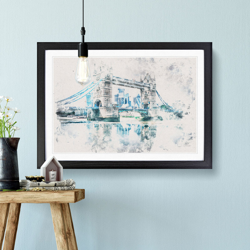London Bridge Watercolour - Picture Frame Graphic Art Print, 33cm H x 45cm W x 2cm D, Black Framed