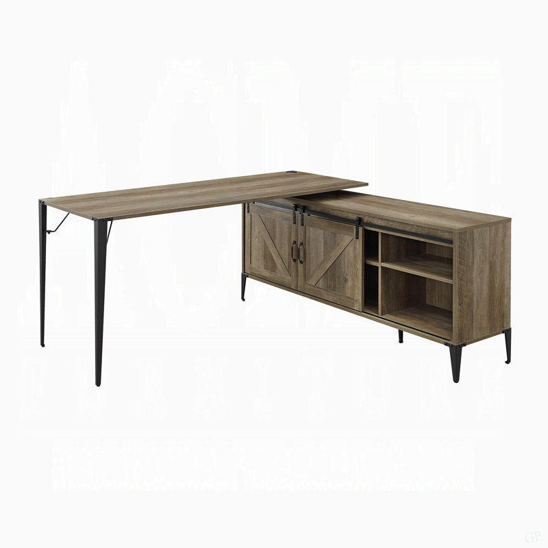 Bureau d'écriture en L avec armoire, chêne rustique et noir, Chêne rustique / Noir