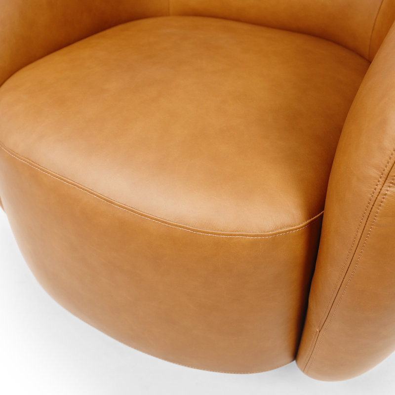 Fauteuil d'appoint pivotant en cuir véritable italien avec base en bois, entièrement assemblé, Tan