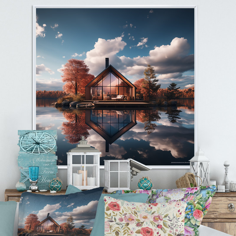 «Lakeside House Autumn Leisure», reproduction sur toile, Cadre flottant blanc, H 36 po x l 36 po x P 1,5 po