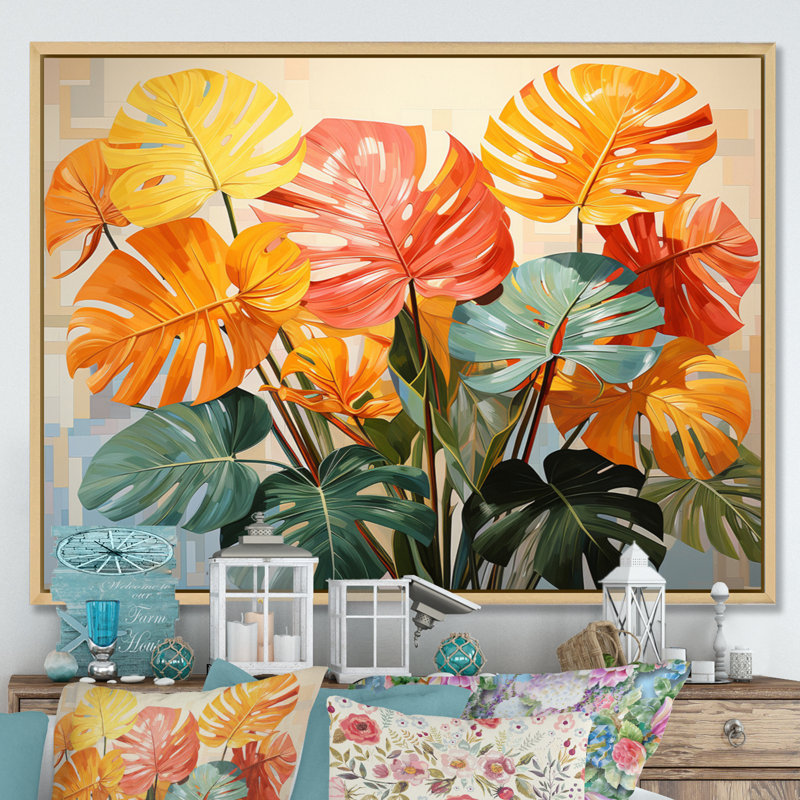 «Orange Green Tropical Plants I» sur toile, H 34 po x l 44 po x P 1,5 po, Cadre naturel flottant