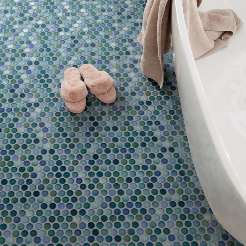 Hudson Penny Round Aquamarine 11-7/8" x 12-5/8" Porcelain Mosaic Tile