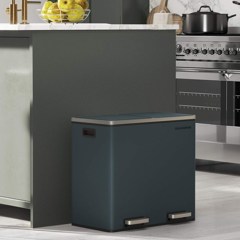 Recycling Bin, Double Trash Can, 2 X 24L, With 2 Compartments, Soft-Close Lids, Pedals, Plastic Inner Buckets And Carry Handles