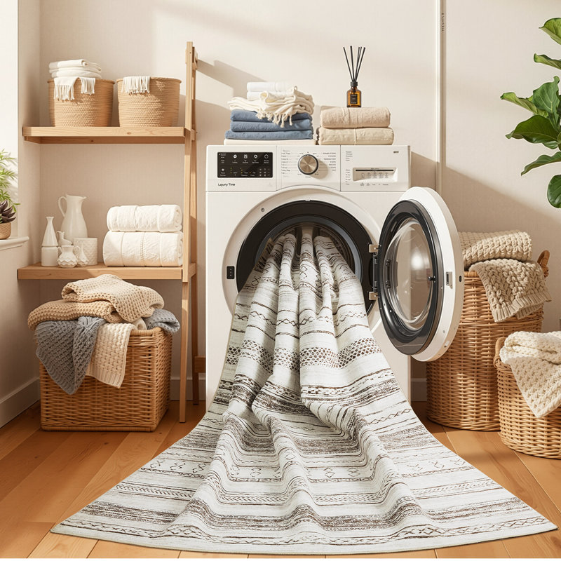 Modern Geometric Area Rug Machine Washable Low Pile Carpet Non-Slip Abstract Pattern Soft Floor Mat, Brown