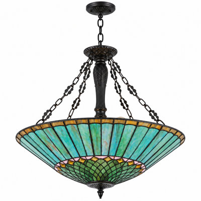 Lustre suspendu à 5 lumières en vitrail, inspiré du paon, avec chaîne noire et ampoules incluses.