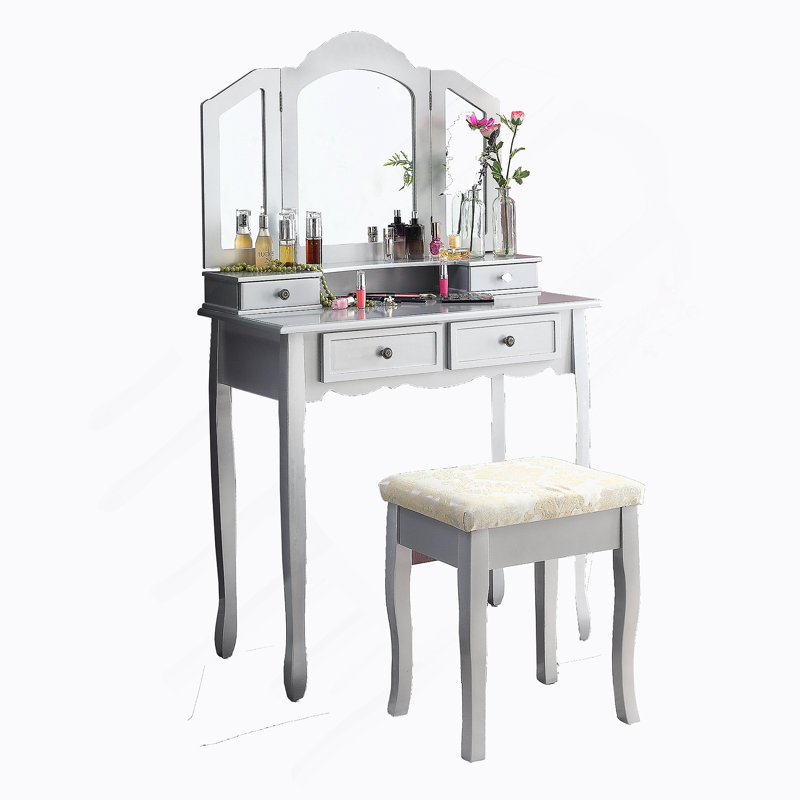 Ensemble coiffeuse et tabouret en bois, Argent