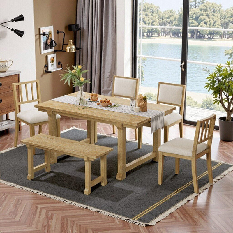 Ensemble de salle à manger 6 pièces avec pieds en bois massif, chaises ergonomiques, capacité de table de 220 lb