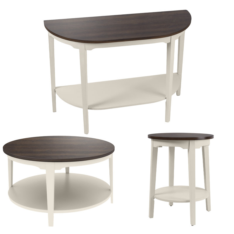 Modern Cream White Solid wood Dark Brown 2-Tier Shelves Storage Living Room Table Set 3-Piece 