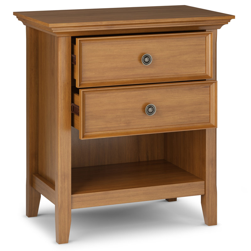 Table de chevet transitionnelle en bois massif l 24 po avec 2 tiroirs et tablette de rangement ouverte Amherst