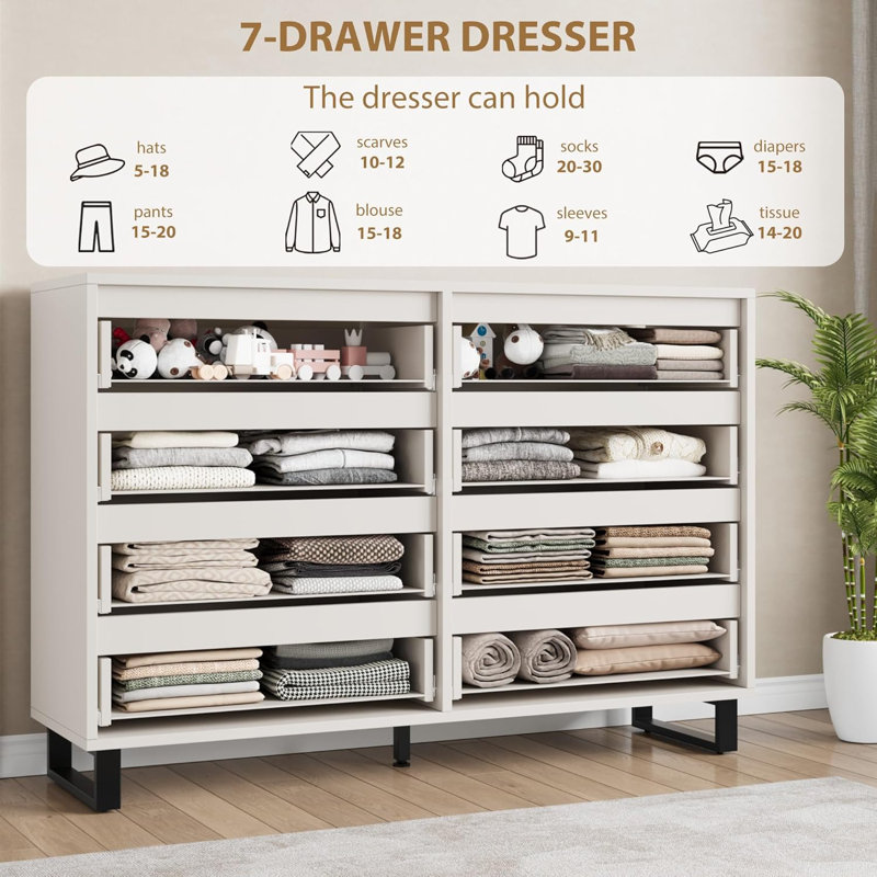 Entryway 7 Dresser for Bedroom, 55" Wide Dresser, Freestanding Horizontal Drawer w/ Storage, Wooden Closet Chest Storage