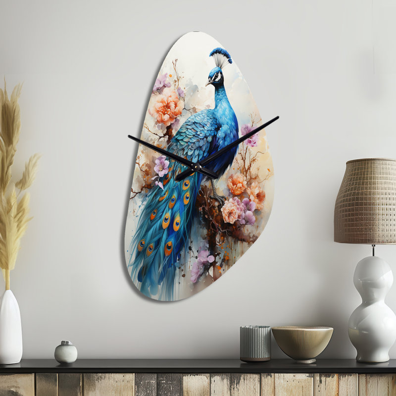 Blue Indian Coral Dancing Peacock II - Horloge en métal de forme indienne, Grand