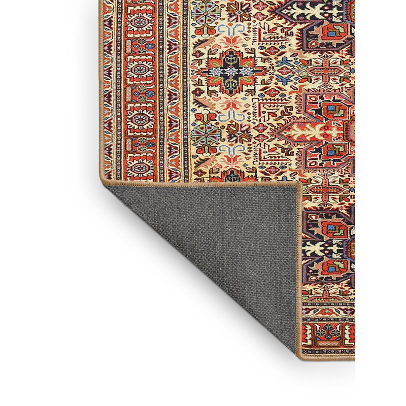 Tapis traditionnel beige / vert / rouge, Rectangle 4 pi x 6 pi